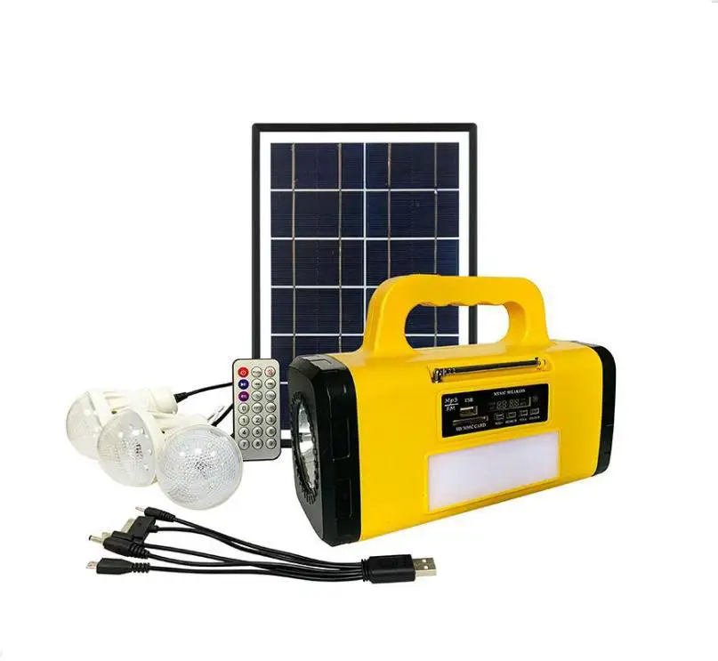 Portable Solar Lighting System Kit Complete with 3 Bulbs USB MP3 MF Radio Solar Energy Emergency Lights  10 in 1 Charge Cable