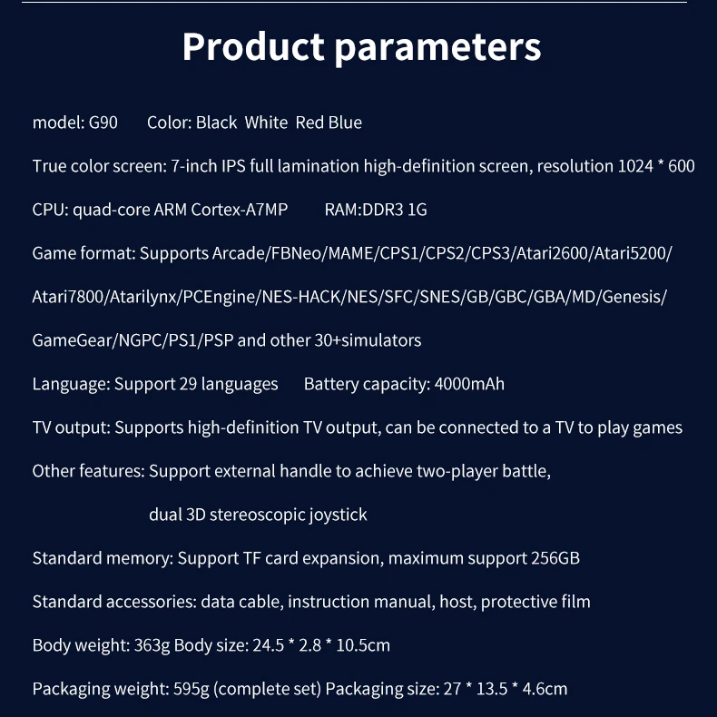 G90 7 Inch IPS Screen Retro Handheld Game Built-in 19,000+ Games Console Linux System with WiFi Connection for Factory Wholesale