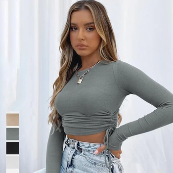 2021 Long Sleeve Crop Top Ribbed Cotton Seamless Tank Top Solid Plain Shirts for Women Clothing Crop Top with Drawstrings