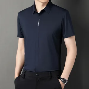European and American Men's Ice Silk Solid Color Casual High Elastic Slim Short-sleeved Shirt Wedding Dress Manufacturer