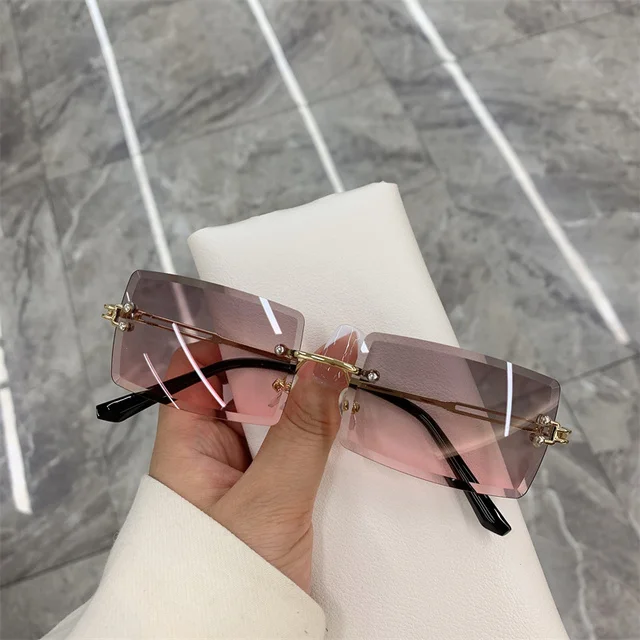 Vintage Fashion New Sunglasses Rimless Frameless Rectangle Shades Gradient  UV400 Summer Traveling Sun Glasses for Women