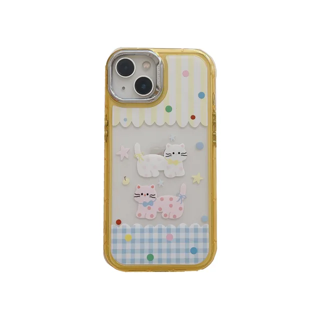 Cartoon Cute Dots Cat Invisible Mirror Stand Shockproof Protective Phone Back Cover Cases For iPhone 13 14 15 Pro Max Case