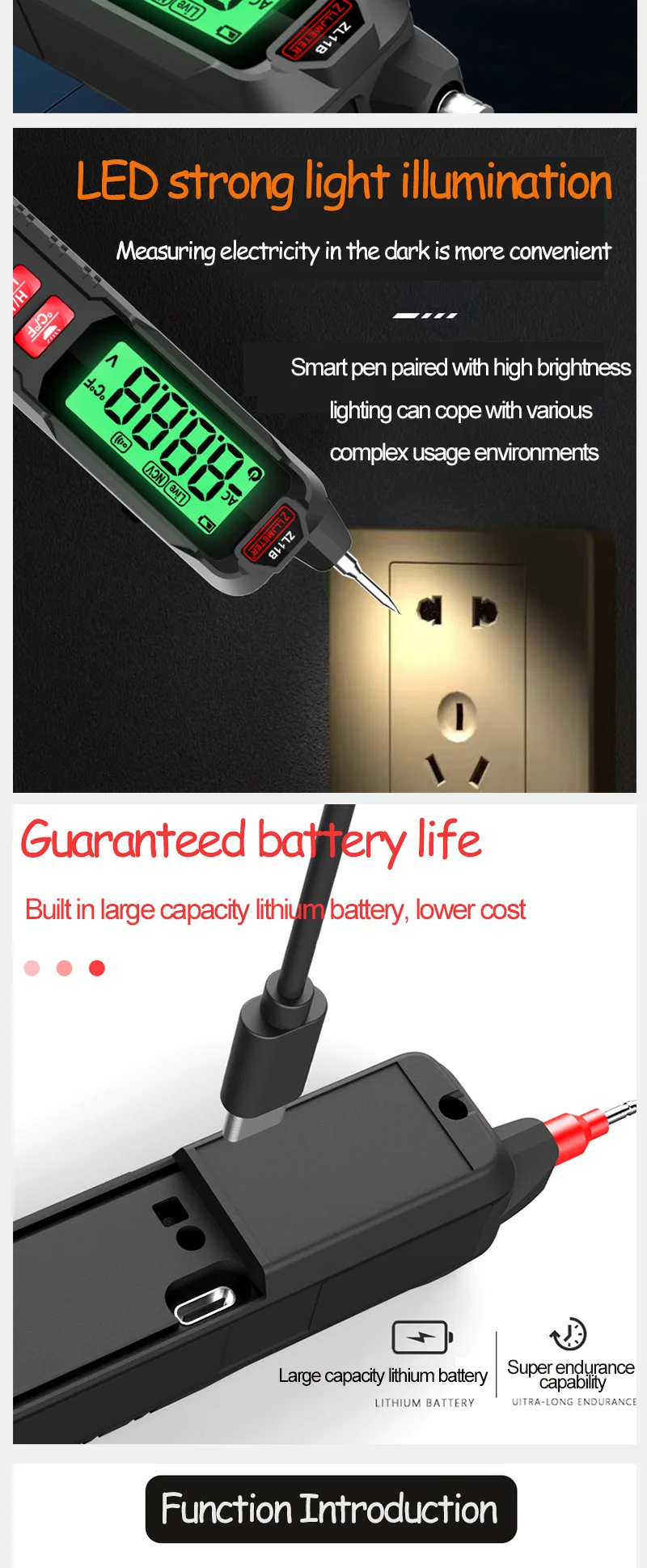 Smart Rechargeable AC 12-300V Non-Contact Voltage Tester Pen with 500mA Current Indicator and Backlight