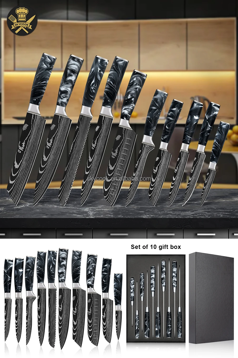 Sapphire Blue Resin Handle Japanese Damascus Knives Set Chef Knifes Set ...