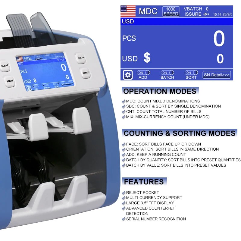 Two Pockets Cis Banknote Cash Value Counter Touch Screen Currency Counting Machine Cash Bill Counter