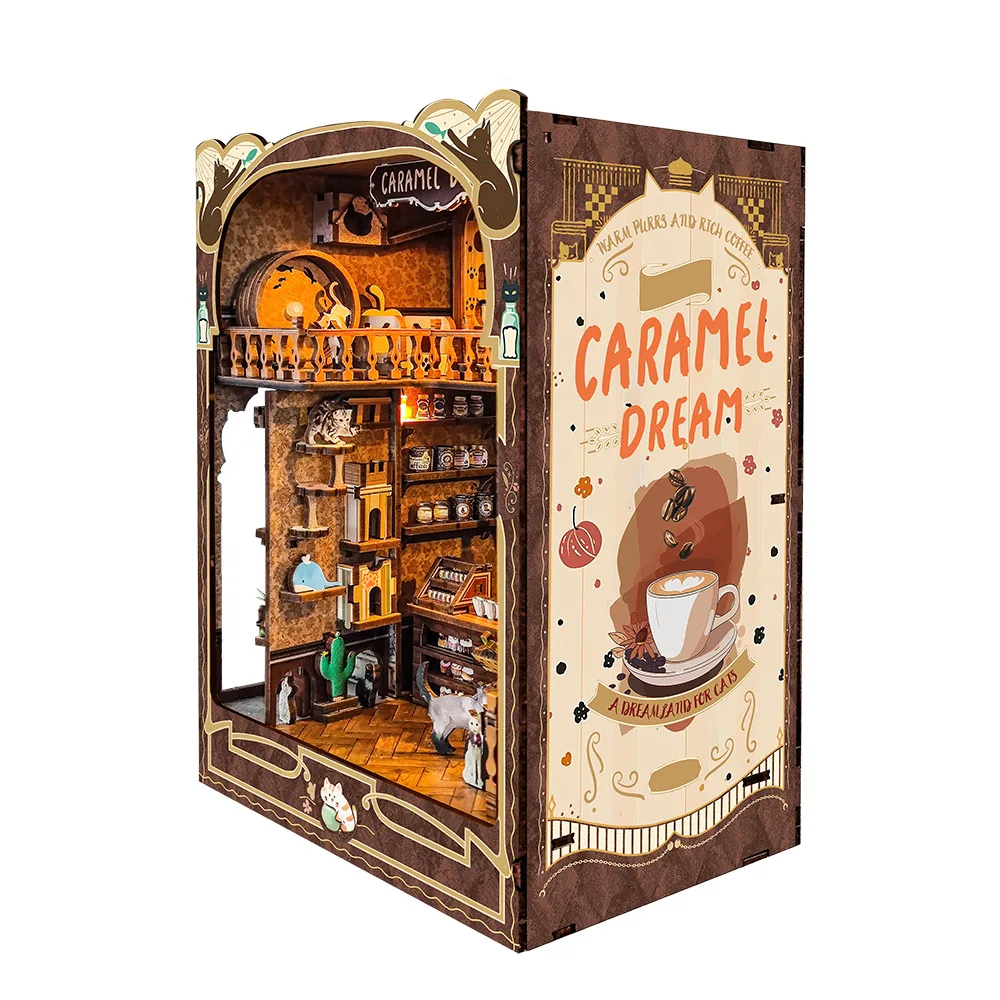 CAYI Caramel Dream Book Nook Miniature House with LED Light Diy Bookends Dollhouse 3D Wooden Puzzle Doll House Puzzles for kids