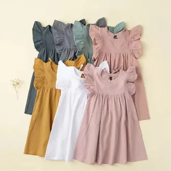 Toddler Girls Dresses Kid's Summer Wear Pure Color Puffy Sleeves Girl Dress Back Collar Tie Princess Dress