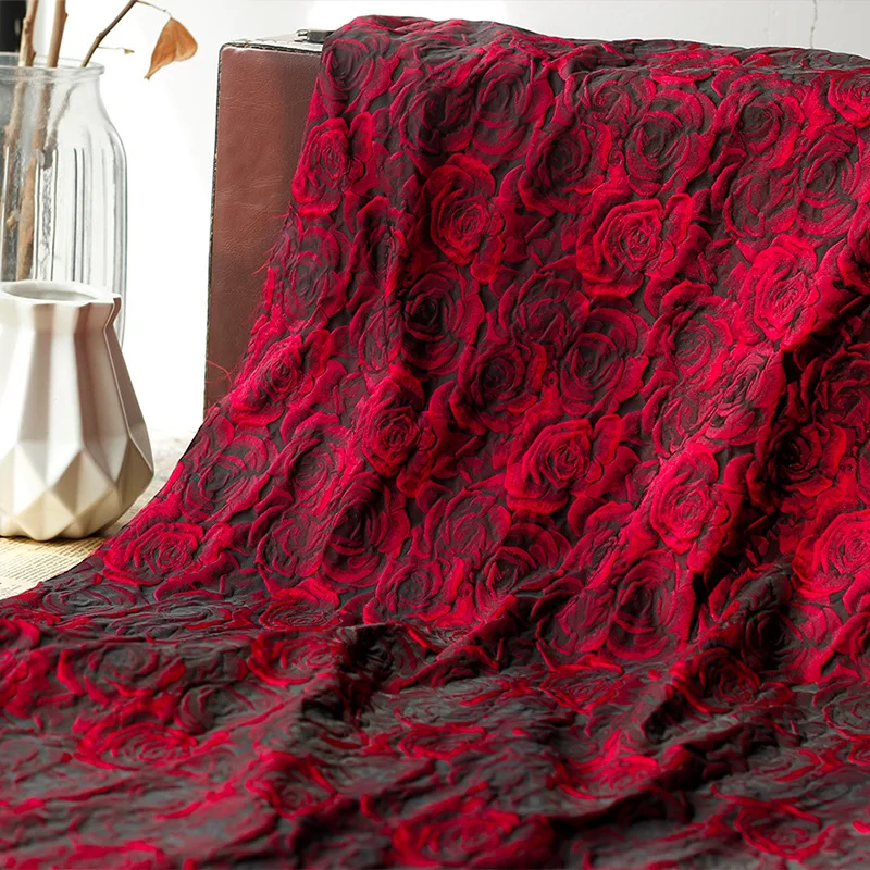 Wholesale Custom Polyester Florals Embossed Red Woven Rose Jacquard Brocade Fabric for Women  Dress