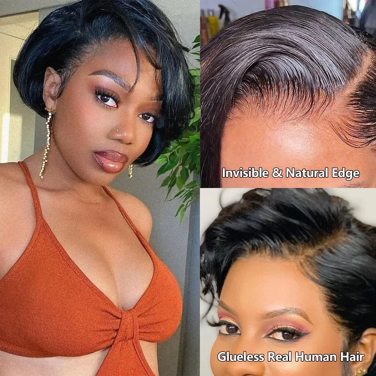 Color Human Hair Wigs for Women Straight Bob Wig Lace Frontal Transparent Lace Natural Pixie Cut_voghion.com
