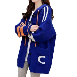 Fashion Women's Contrast Color Cardigan Big Pocket Hooded Sweater