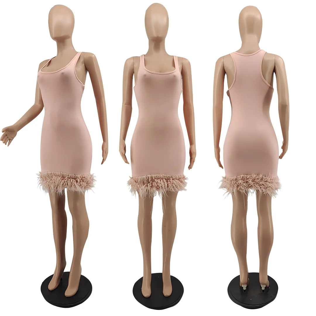 Summer Tik Tok Trending Solid Color Y2K Bodycon Mini Sexy Casual Feathers Dress