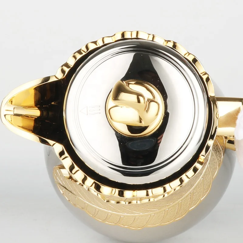 New Arrival Top Level Leaves Design 1.0 Litre Silver Gold Coating Metal Body Glass Insulation Vacuum Flasks Dallah