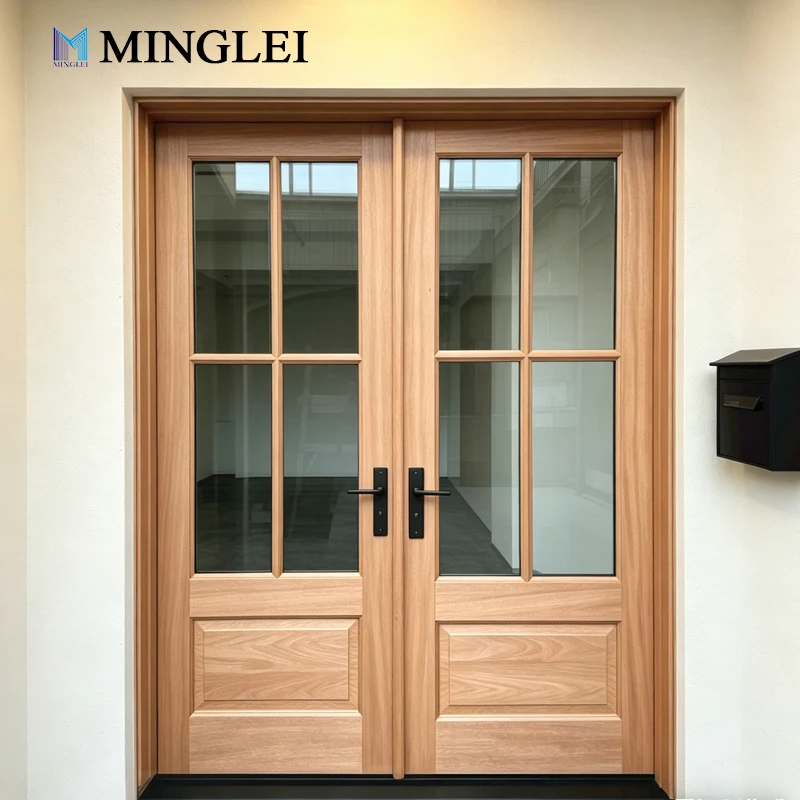 ประตูเข้าภายนอกทำจากไม้เนื้อแข็งแบบสั่งทำได้ ป้องกันเสียงรบกวน และทนต่อสภาพอากาศ ประตูไม้ด้านหน้าภายนอก