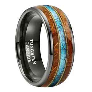 Coolstyle Jewelry 8mm Whisky Wood Guitar String Turquoise Inlay Gunmetal Tungsten Ring for Men Women Engagement Wedding Band