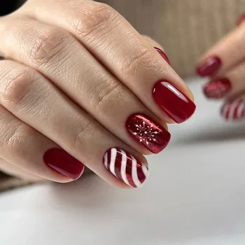 24 pcs/set French Red Solid Color Christmas Candy Stripe Snowflake Nail Art nail tips press on nails Wholesale 3465