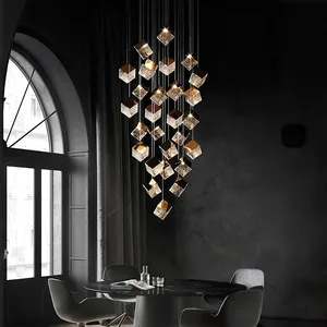 Modern 18-Lights Gold Crystal Cube Chandelier Duplex Designer Model Glass for Villa Living Room Decor Pendant Lights