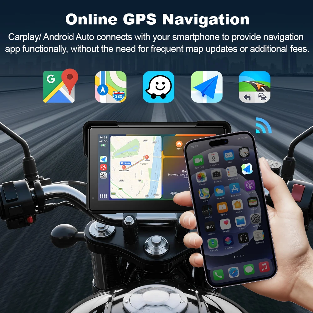 7inch Touch Screen GPS Navigator Motorcycle Wireless CarPlay