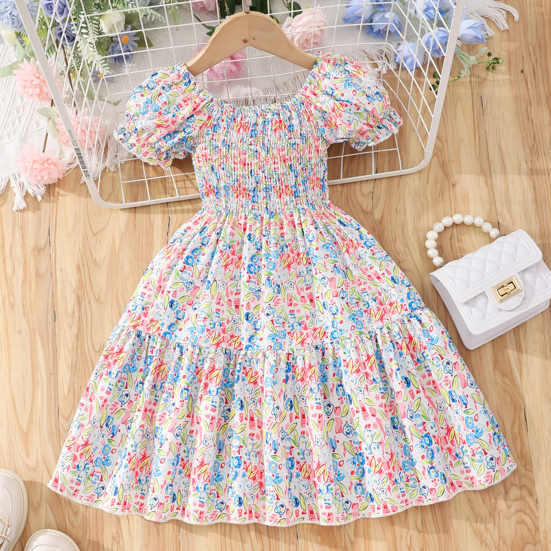 Summer Dress Kids Girl Clothes Puff Sleeve 3-8 Years Korean Style Sweet  Cute Casual Princess Party Strap Baby Girls Dresses