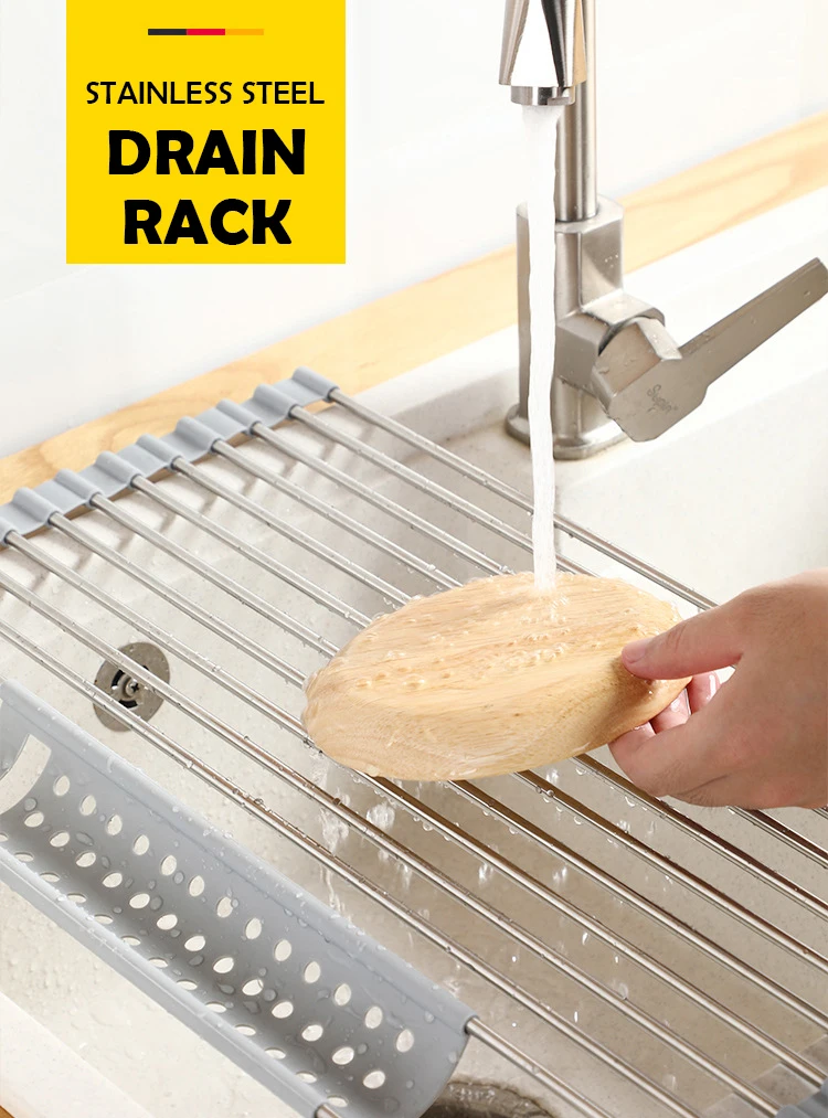 Adjustable Eco-Friendly 304 Stainless Steel Sink Dish Drying Rack Roll-Up Kitchen Rack for Dishes and Bowls Sundries Organizer