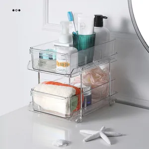 Double-Layer Desktop Cosmetic & Dinnerware Storage Rack Removable Plastic Kitchen Organizer Shelf Partition with Drawer
