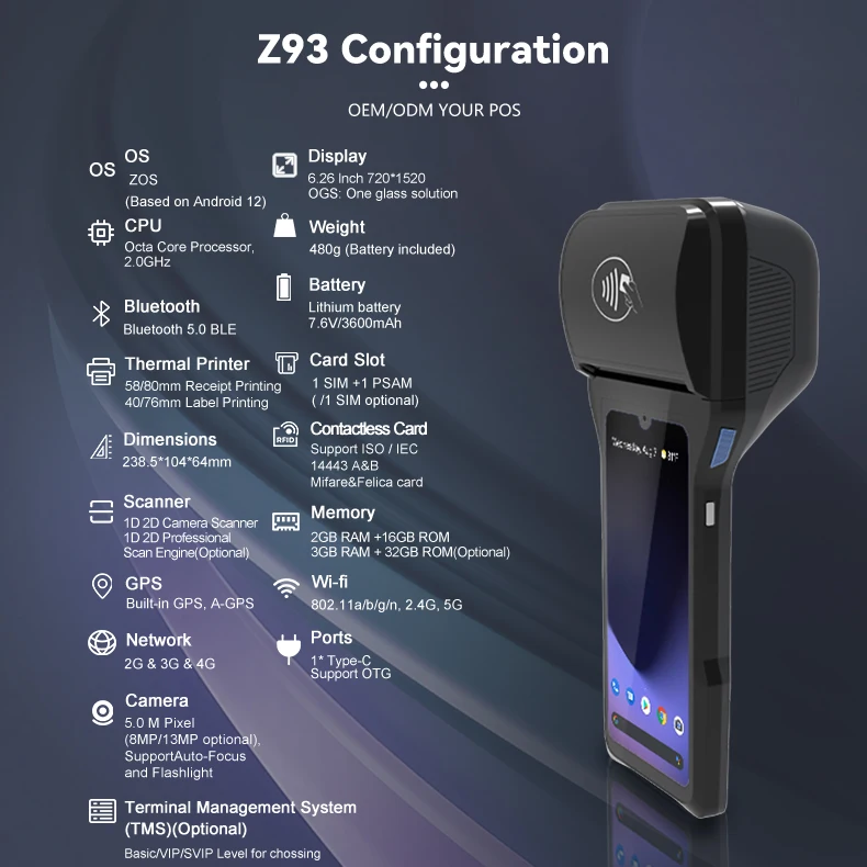 Z93 80mm POS Terminal - Android 12 Handheld Smart POS Printer