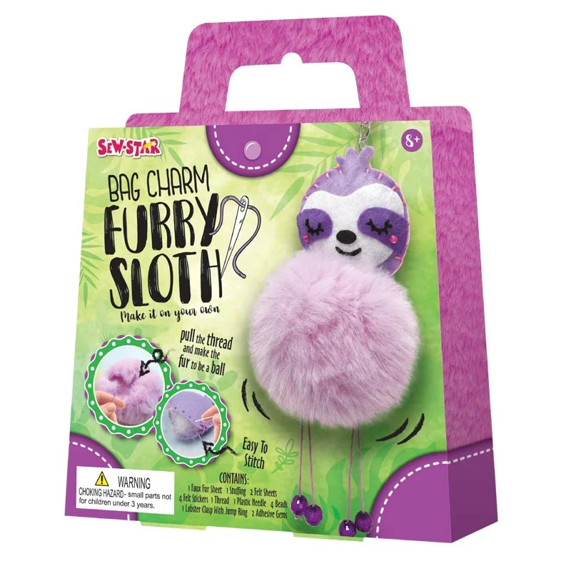 WD RTS Bulk DIY Children Handmade Sewing Stitched Fabric Suture Cute Pulse Plush Furry Pompom Sloth Bag Charm Key Ring Chains