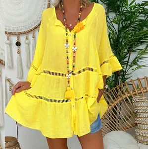 2026 New Women's Seven Quarter Sleeved Cotton Linen V-neck Loose Button Hollow Out Plus Size Dress