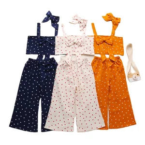 Girls Suit Suspender Kids Sleeveless Bow Top Heart Dot Wide Leg Pants Three Pieces Set Children Clothing Set