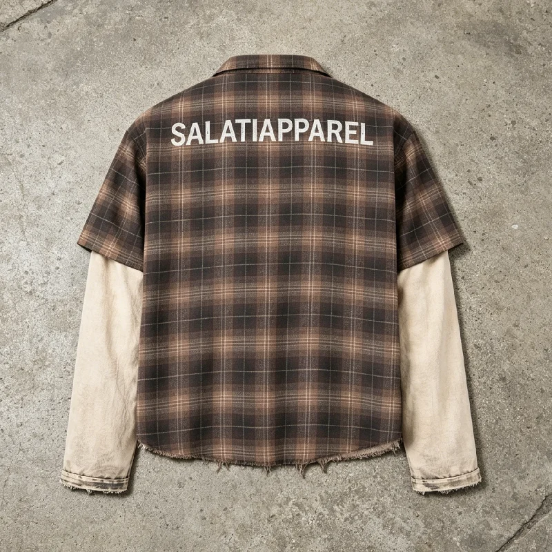 Acid Wash Streetwear High Quality Oversized Vintage Long Sleeve T Shirt Rhinestone Flannel Plaid Shirt For Men gallery 2