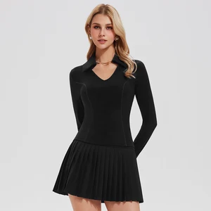 New Ladies Stand Collar Deep V Workout T-shirt Custom Logo Sports Top Long Sleeve Gym Fitness Tshirt Tennis Shirt for Women