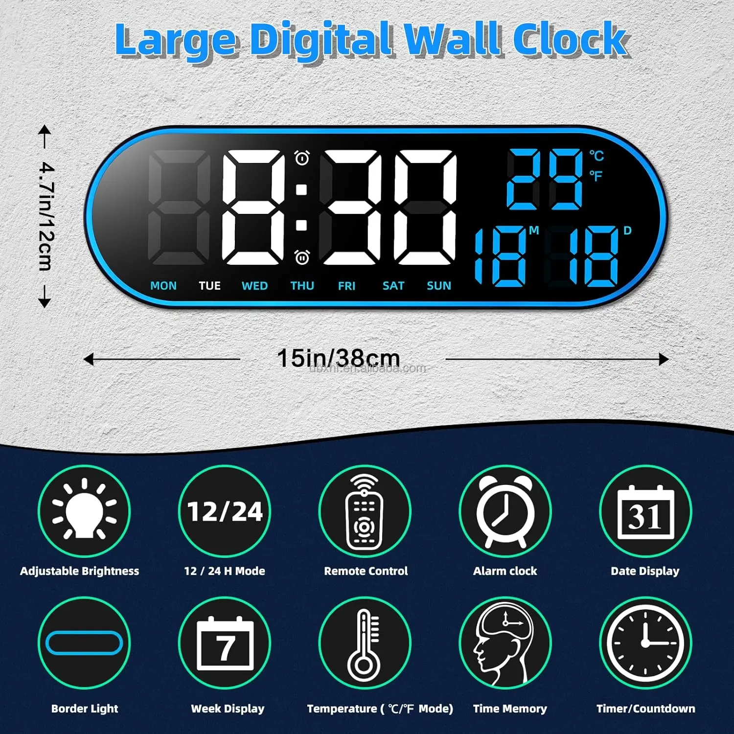 Wall-Mounted Large LED Digital Wall Clock with Temperature Date Week ...