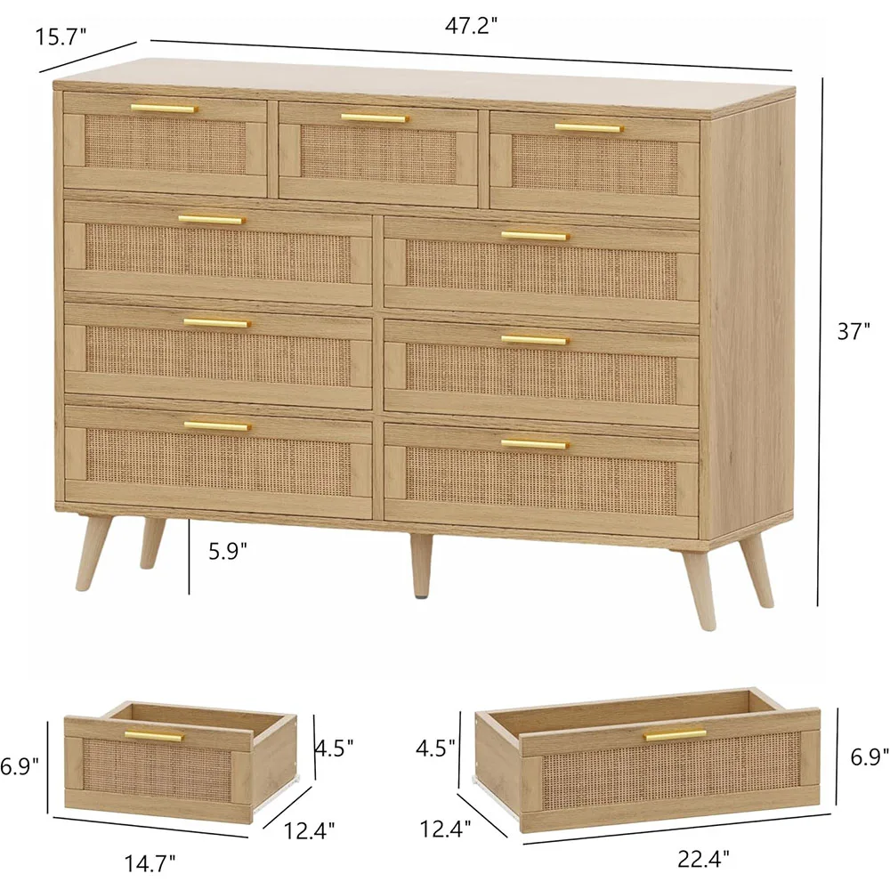 product 9 drawers modern dresser bedroom chest with metal handles wooden storage organizer rattan mdf panel living room hallway natural-4