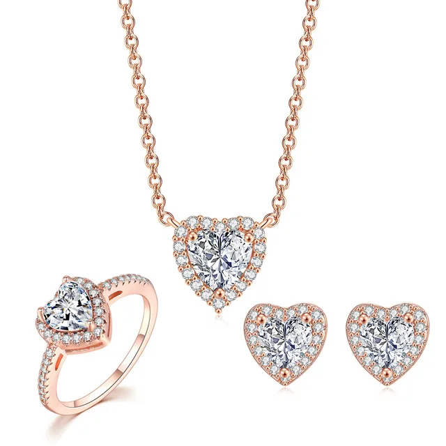Women Accesories Bling Love Heart Zircon Diamond Necklace Earrings Ring Wedding Jewelry Set S543