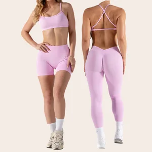 Seamless 3 Piece Activewear Set Cross-Back Sports Bra High-Waisted Tights Bike Shorts V-Shaped Slimming Sports Outfit