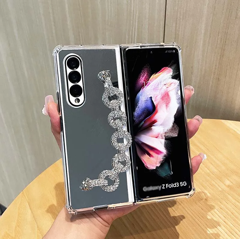 Luxury Electroplating Mirror Design Bling Phone Strap Style Silicone Folding Phone Case for Samsung Galaxy Z Fold 3 4 5 6