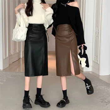 Fashion Sheepskin Leather Pleat Skirt Lace Up Women Long Leather Skirt With Split