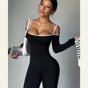 Women Streetwear Contrast Color Seamless Stitches Quick Dry Cross Strap Butt Scrunch Workout Gym One Piece Yoga Jumpsuit