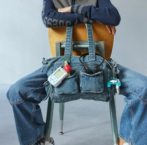 Custom Fashion Large Capacity Zipper Handmade Jeans Shoulder Bag Fashion Washed-soft Denim Underarm Tote Bag