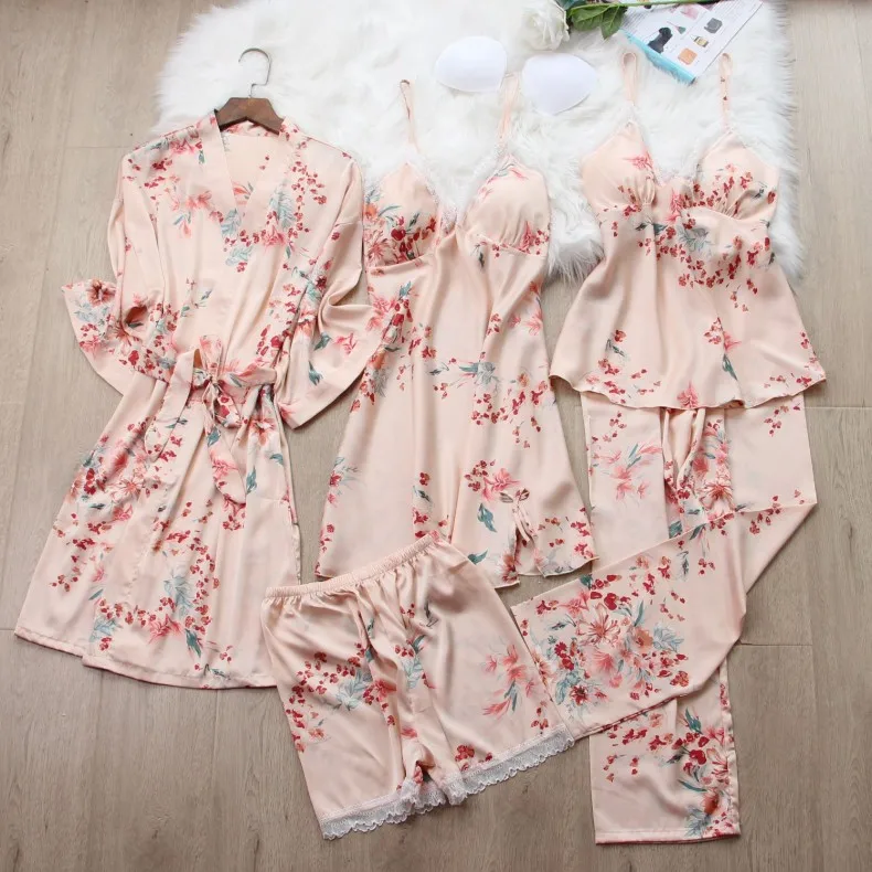 Floral pajamas women's sexy 5pcs ice silk thin nightdress long ladies nightgown