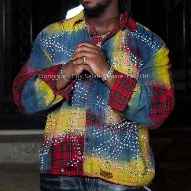 Salati High Quality Diamond T-shirt Glitter Rhinestone Acid Wash Button Down up Full Long Sleeve Check Plaid Flannel Men's Shirt