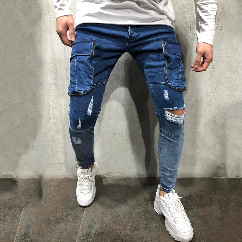 Factory Custom High Quality Casual Pocket Washed Ripped Men Denim Jeans Trousers