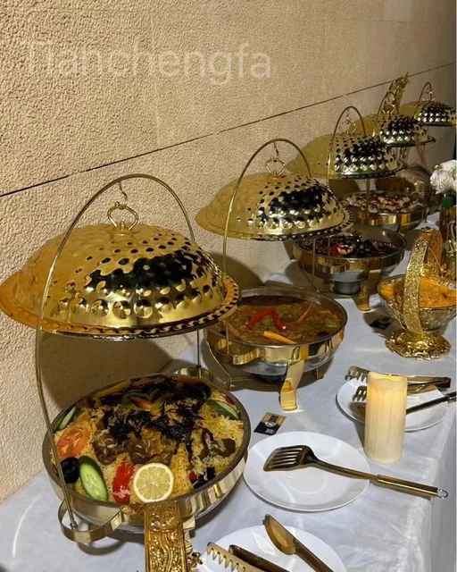 Hot selling Gold Hanging Buffet Chaffing Dish Hotel Commercial Food Warmer Round Chafing Dishes For Wedding Party Catering