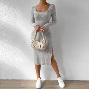Women's Plus Size Maxi Long Sleeved Slit Shaped Slim Fit Pit Striped Knitted Autumn Party Pencil Solid