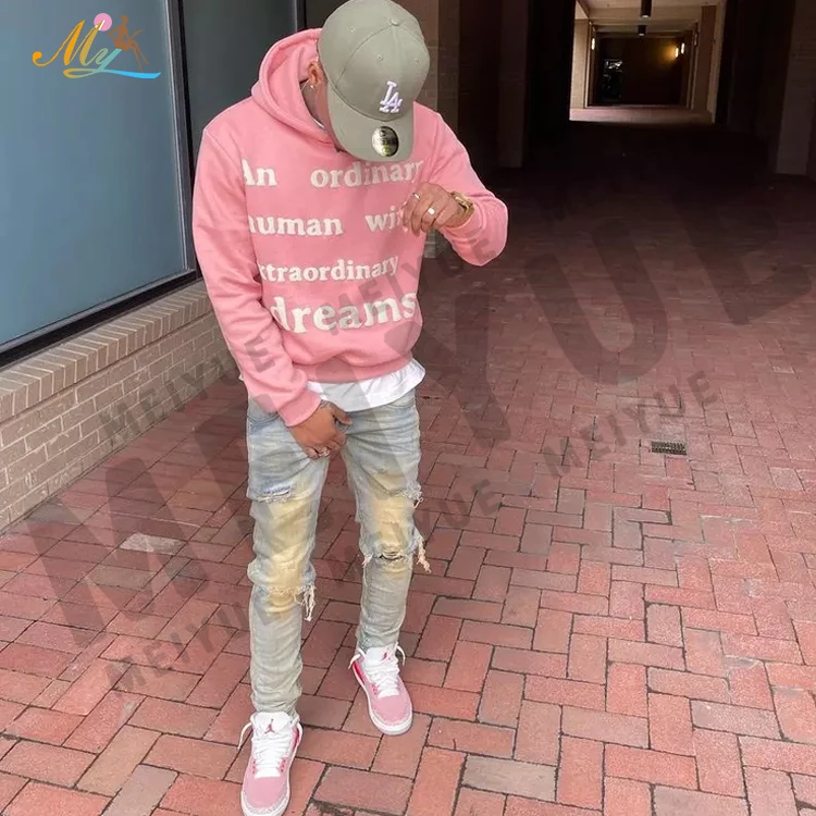 PINK DENIM 3D Puff Design UNISEX Premium Hooded Sweatshirt – Pink