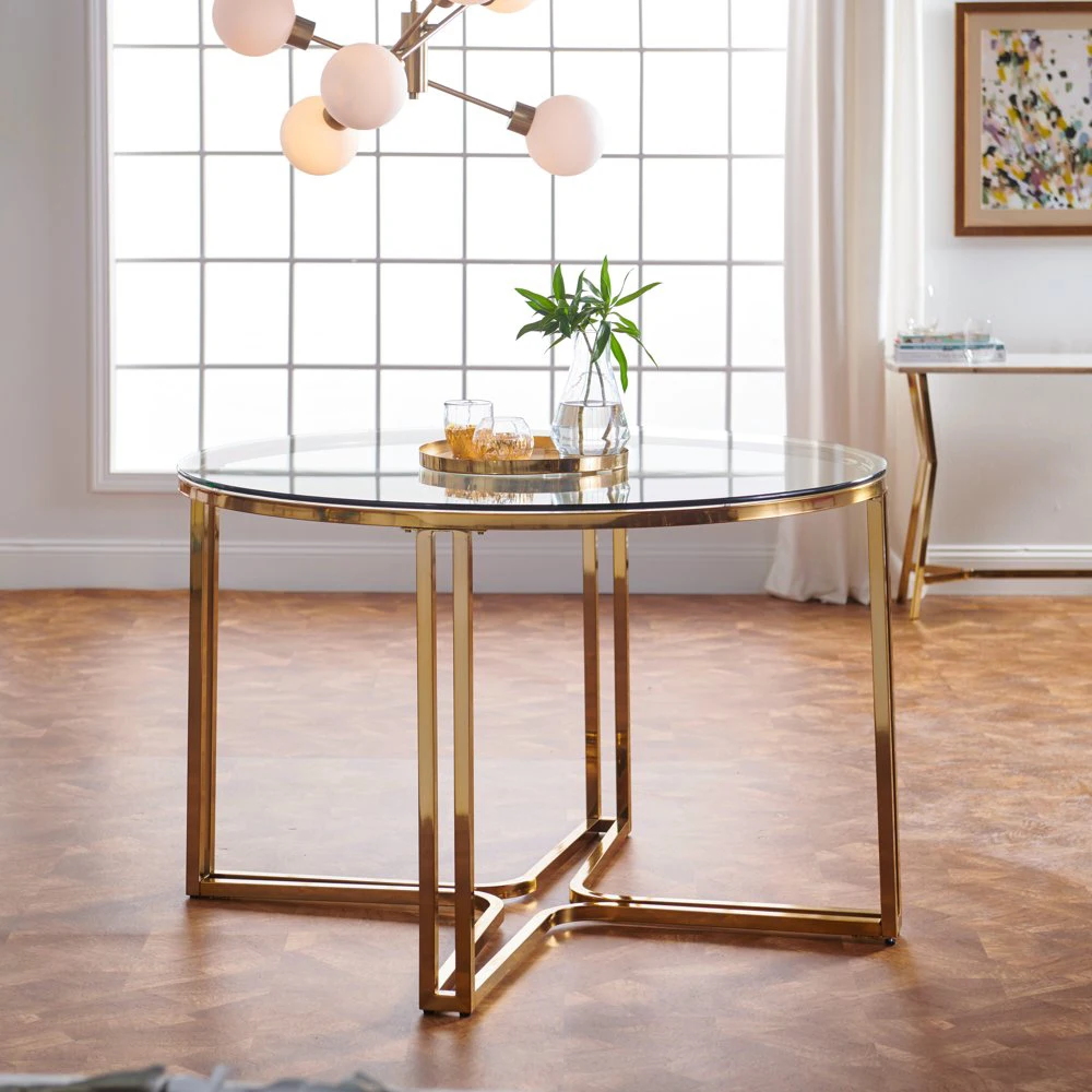 Круглый стеклянный стол с золотыми ножками