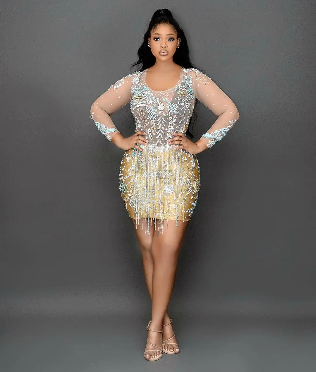 Birthday Party Deep V-neck Shining Sequins Rhinestone Dress Bling Dress  Women Fashion Evening Gown Dress