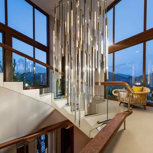 Adjustable Height Modern Style Aluminum Staircase Chandelier 3D Printed Logo Rectangle Ceiling Fixture Warm White Lights