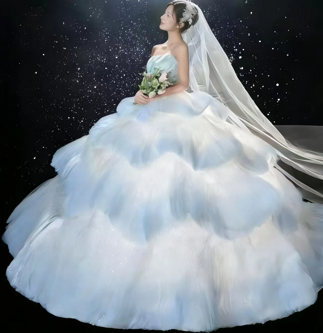 S0177Y 2026 Women's Dreamy Gradient Blue Tulle Ball Gown Strapless Layered  Cake Skirt Plus Size Floor-Length Sweep Wedding Dress