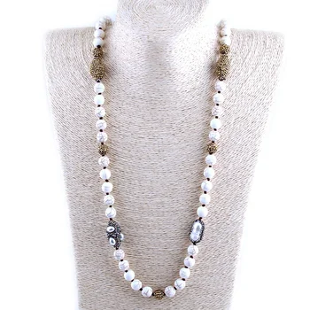 10MM Natural Black Agate Stone Beads Knotted Necklace Handmade Paved Freshwater Pearl Beads Long Necklace