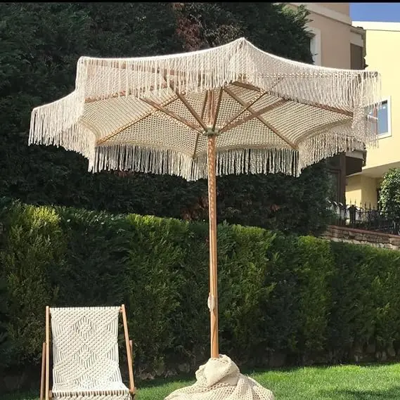Luxury 2.5M Wooden Pole Macrame Ropes Open Parasol Sun Protection Garden Patio Umbrella with Modern Design for Hotels Parks